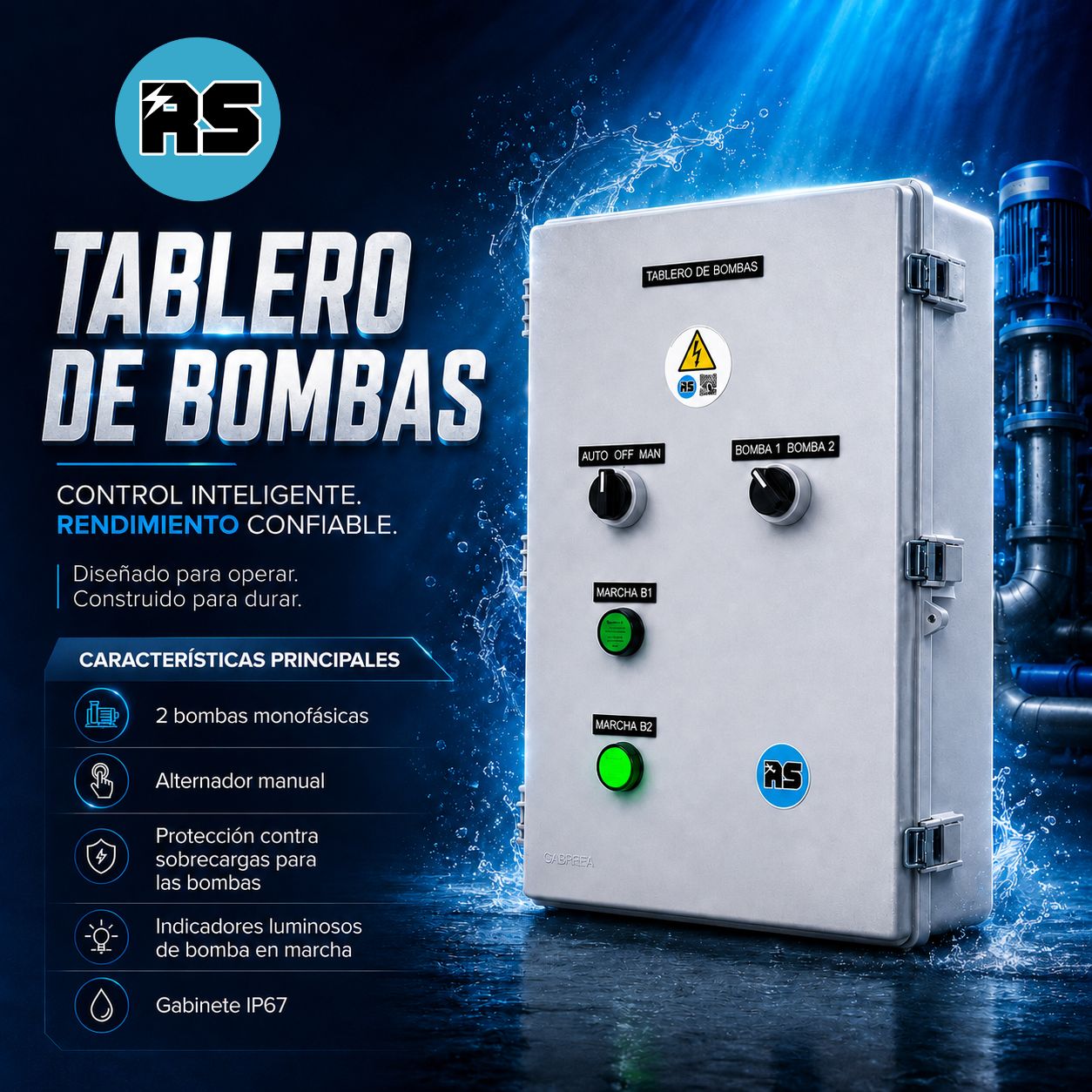 Tablero 2 Bombas Monofasicas, con Alternador Manual - Image 3