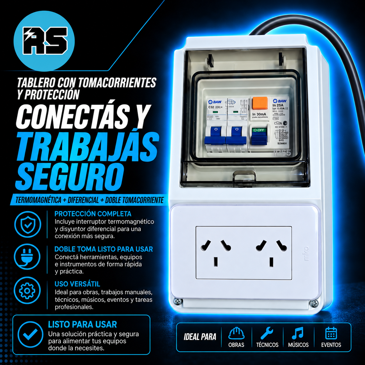 Tablero Eléctrico Obra Portátil 2 Tomas Térmica Diferencial - Imagen 2